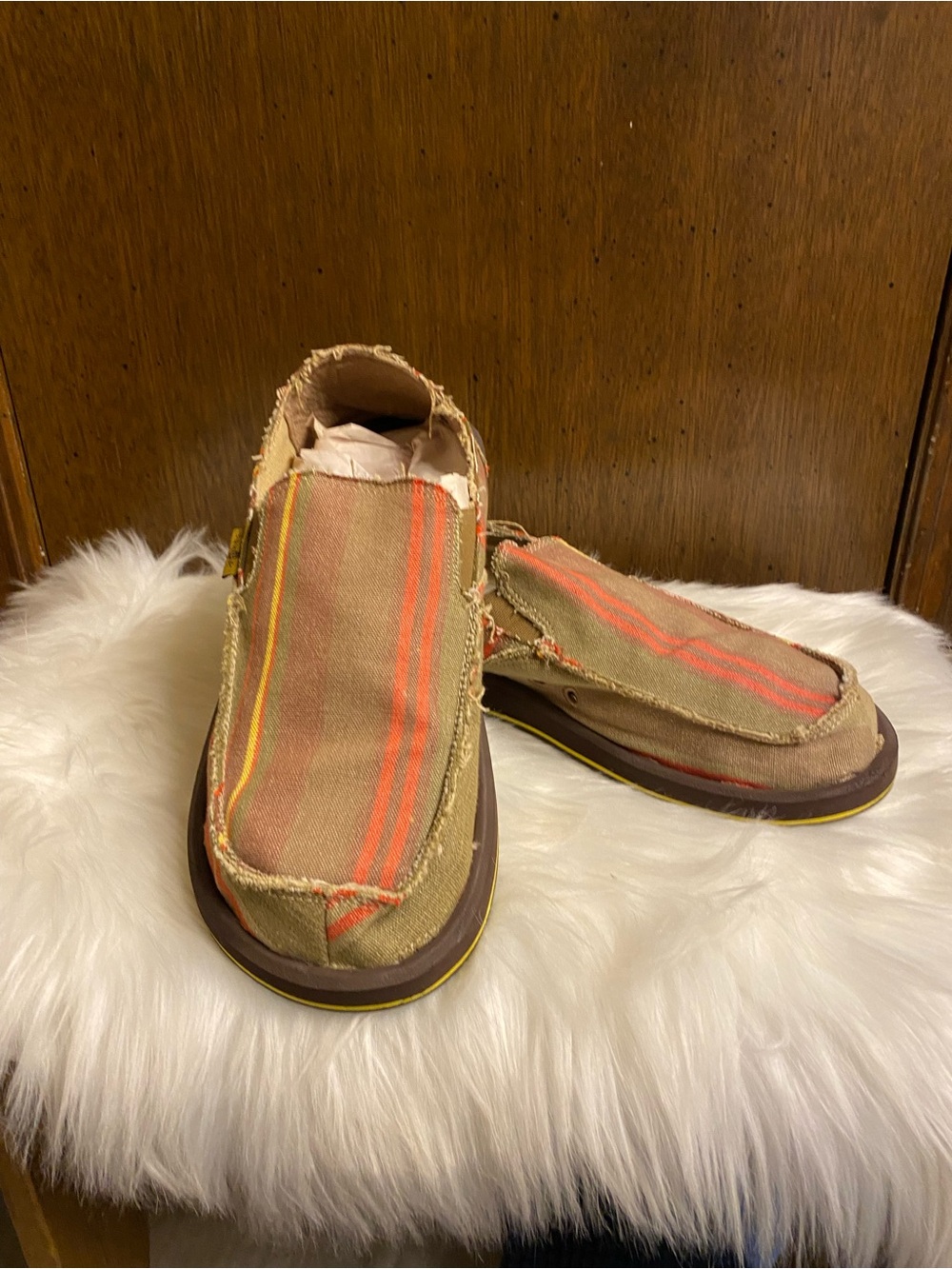 Sanuk Men's Slip-On Canvas Shoes in Tan with Orange and Yellow Stripes
